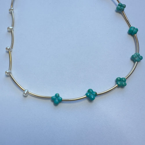 N Tube  Turquoise, herkimerdiamond, Freshwater pearl